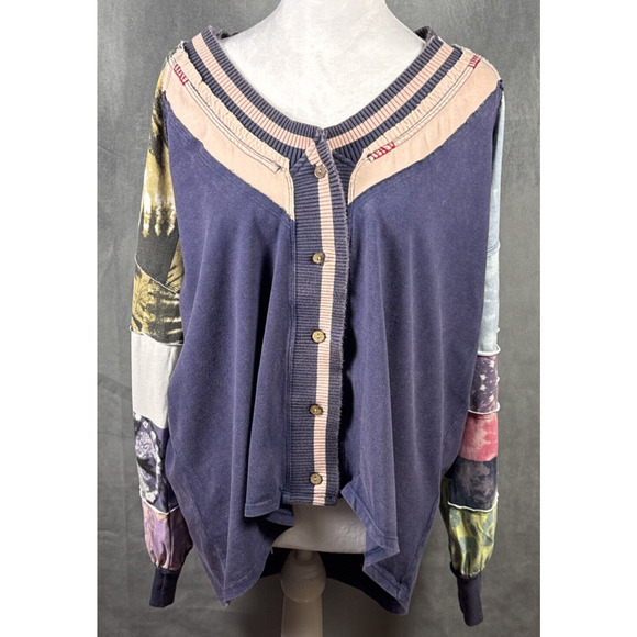 Free People Marley‎ Tee Mix Print Top Oversized Blue/Multi Print Sz Small Artsy - Picture 1 of 9